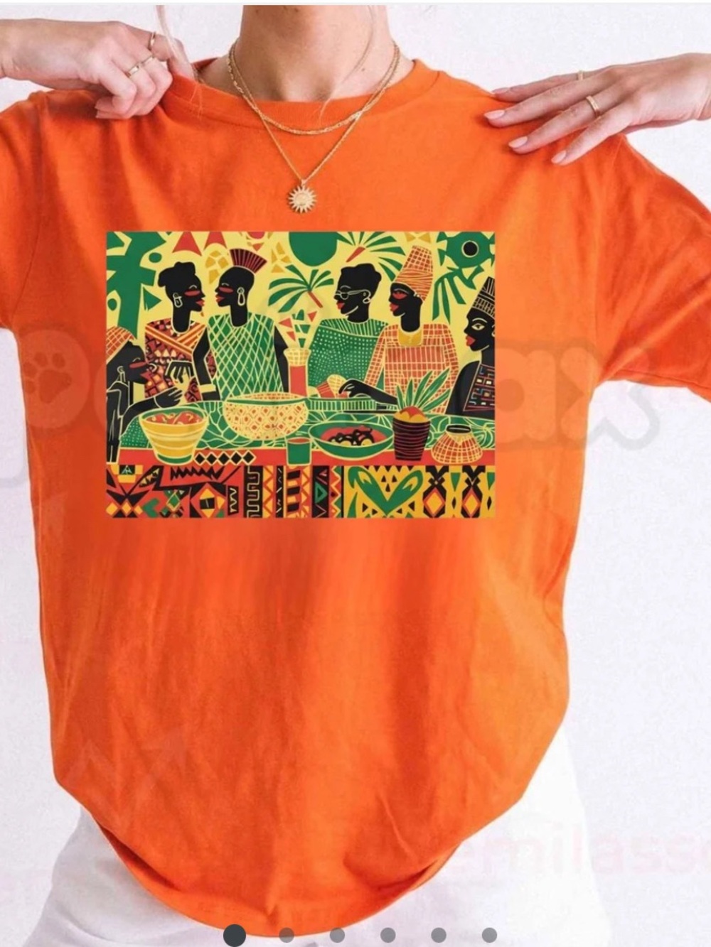 West African Dinner Scene Short Sleeve Graphic Tee in Orange